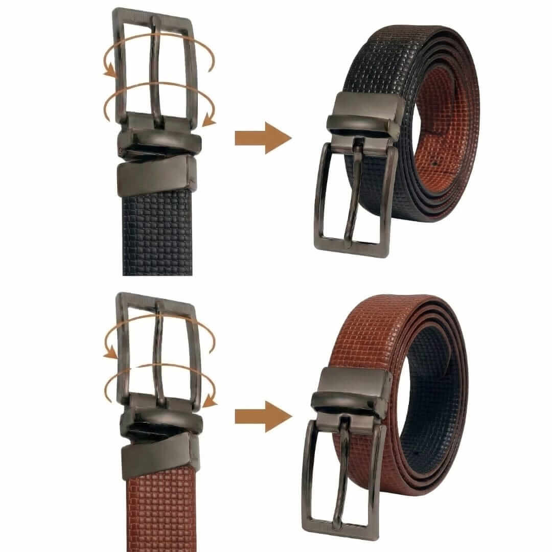 Mens 100% Genuine Leather Belt - VINTEX Fine Grid Emboss (Brown & Black Reversible) — Leather Belts for Men | THE MEN THING