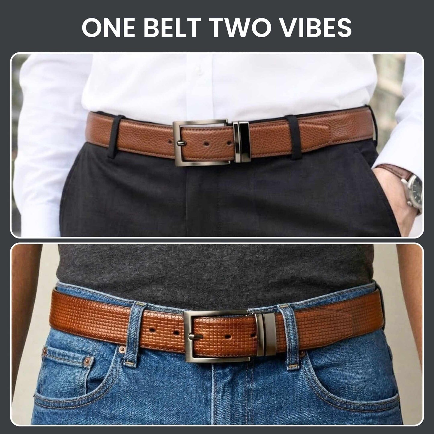 Mens 100% Genuine Leather Belt - VINTEX Fine Grid Emboss (Brown & Black Reversible) — Leather Belts for Men | THE MEN THING