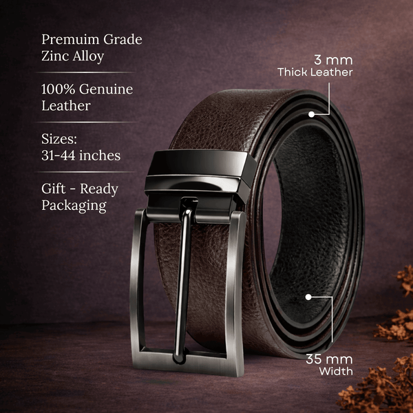 Mens 100% Genuine Leather Belt - VORAX Smooth Classic (Brown & Black Reversible)