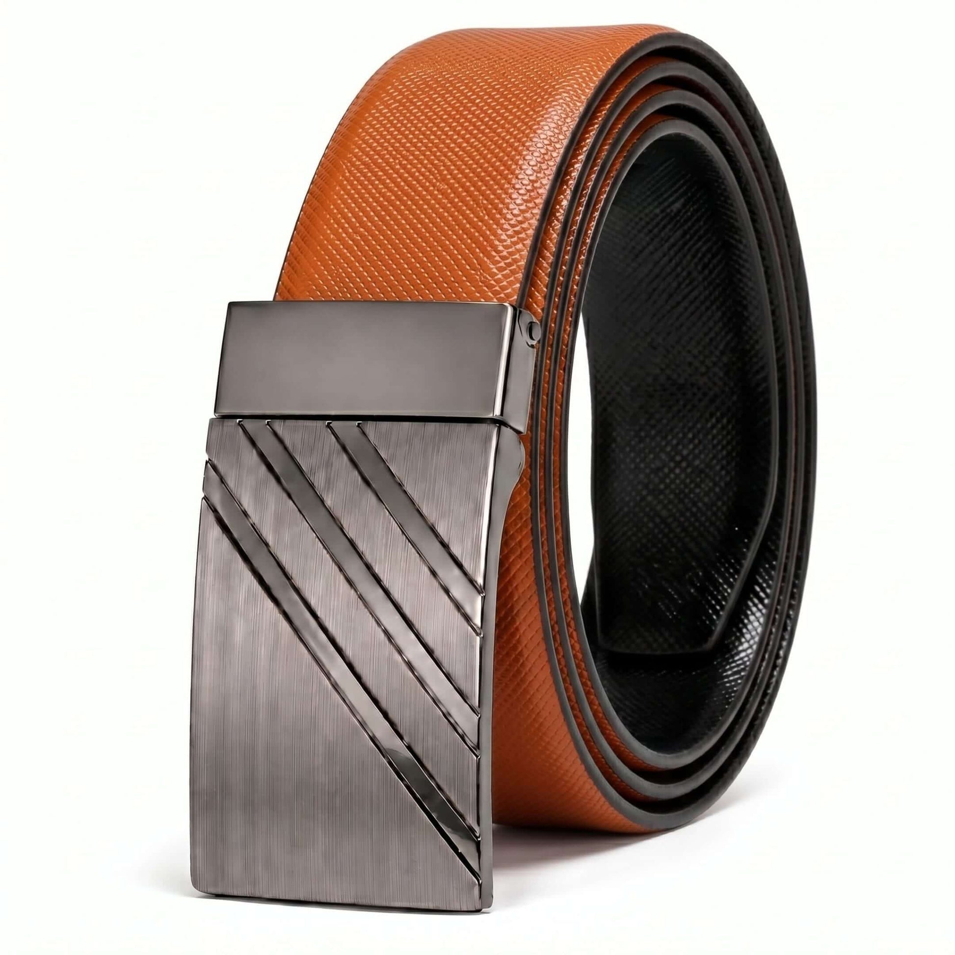 Mens 100% Genuine Leather Belt - VSTRYX Chevron Rib Plate (Brown & Black Reversible) — Leather Belts for Men | THE MEN THING