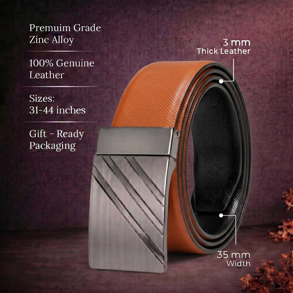 Mens 100% Genuine Leather Belt - VSTRYX Chevron Rib Plate (Brown & Black Reversible)