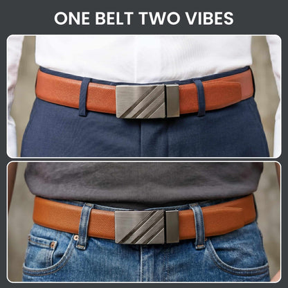 Mens 100% Genuine Leather Belt - VSTRYX Chevron Rib Plate (Brown & Black Reversible) — Leather Belts for Men | THE MEN THING