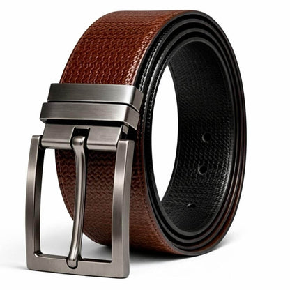 Mens 100% Genuine Leather Belt - WEVARO Woven Emboss (Brown & Black Reversible) — Leather Belts for Men | THE MEN THING