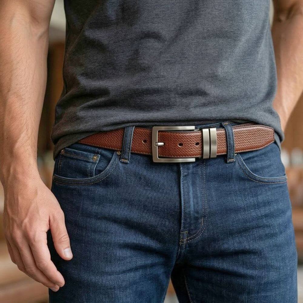 Mens 100% Genuine Leather Belt - WEVARO Woven Emboss (Brown & Black Reversible) — Leather Belts for Men | THE MEN THING