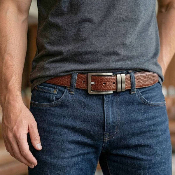 Mens 100% Genuine Leather Belt - WEVARO Woven Emboss (Brown & Black Reversible)