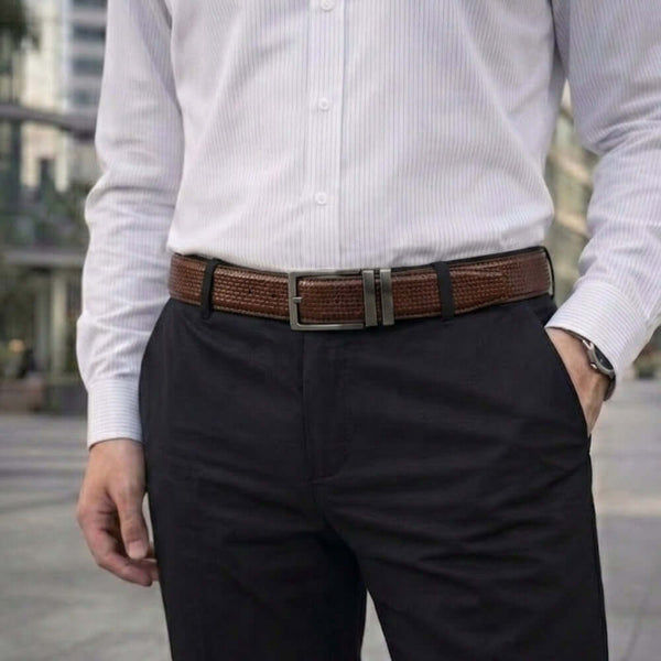 Mens 100% Genuine Leather Belt - WEVARO Woven Emboss (Brown & Black Reversible)