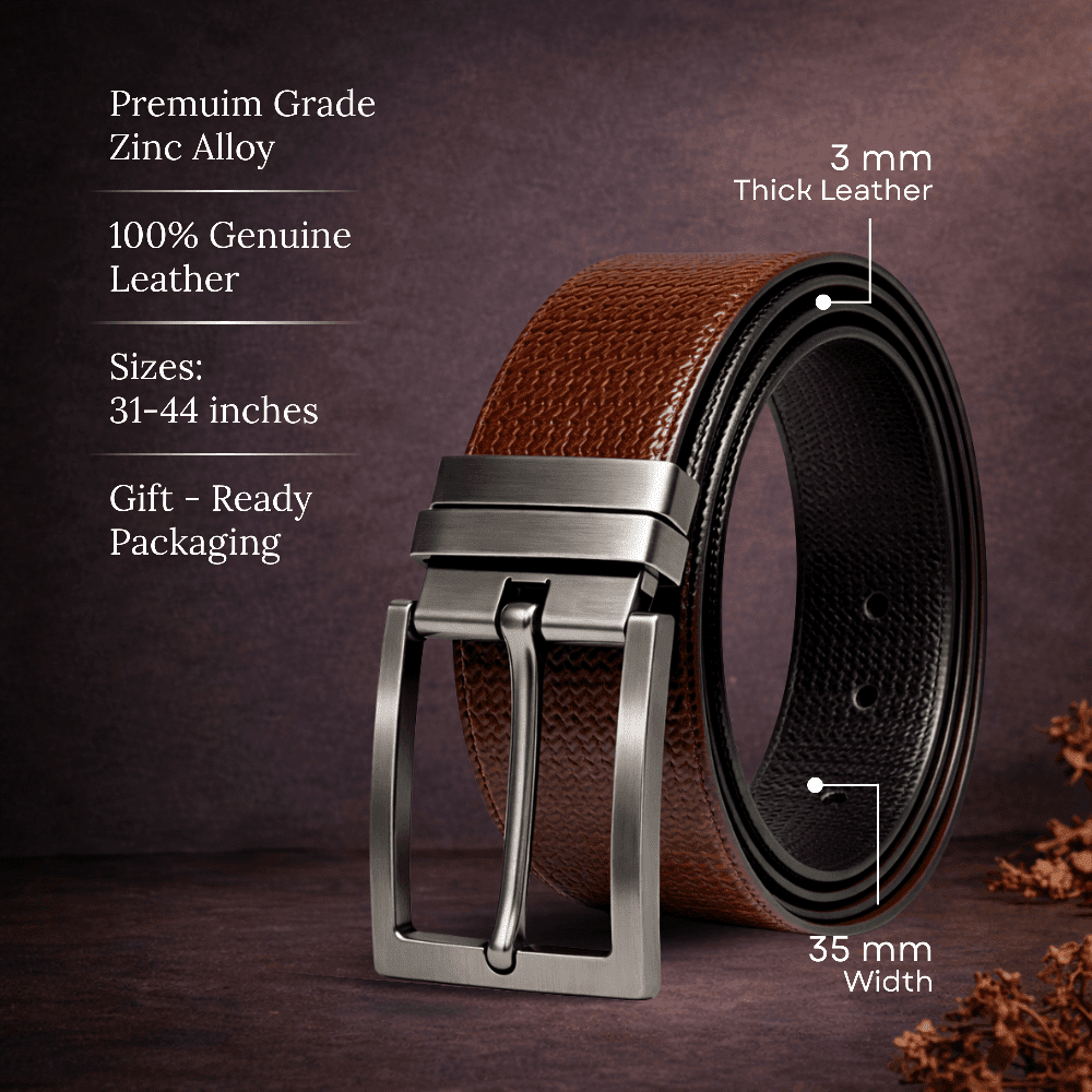 Mens 100% Genuine Leather Belt - WEVARO Woven Emboss (Brown & Black Reversible) — Leather Belts for Men | THE MEN THING