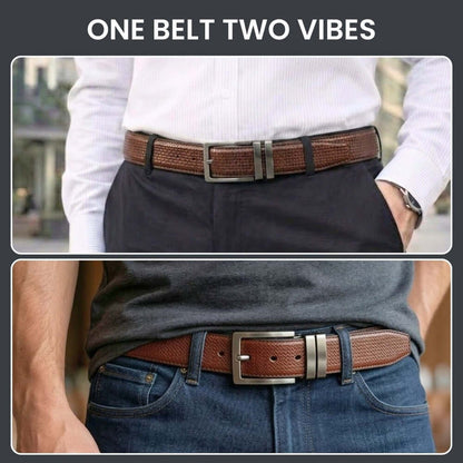 Mens 100% Genuine Leather Belt - WEVARO Woven Emboss (Brown & Black Reversible) — Leather Belts for Men | THE MEN THING