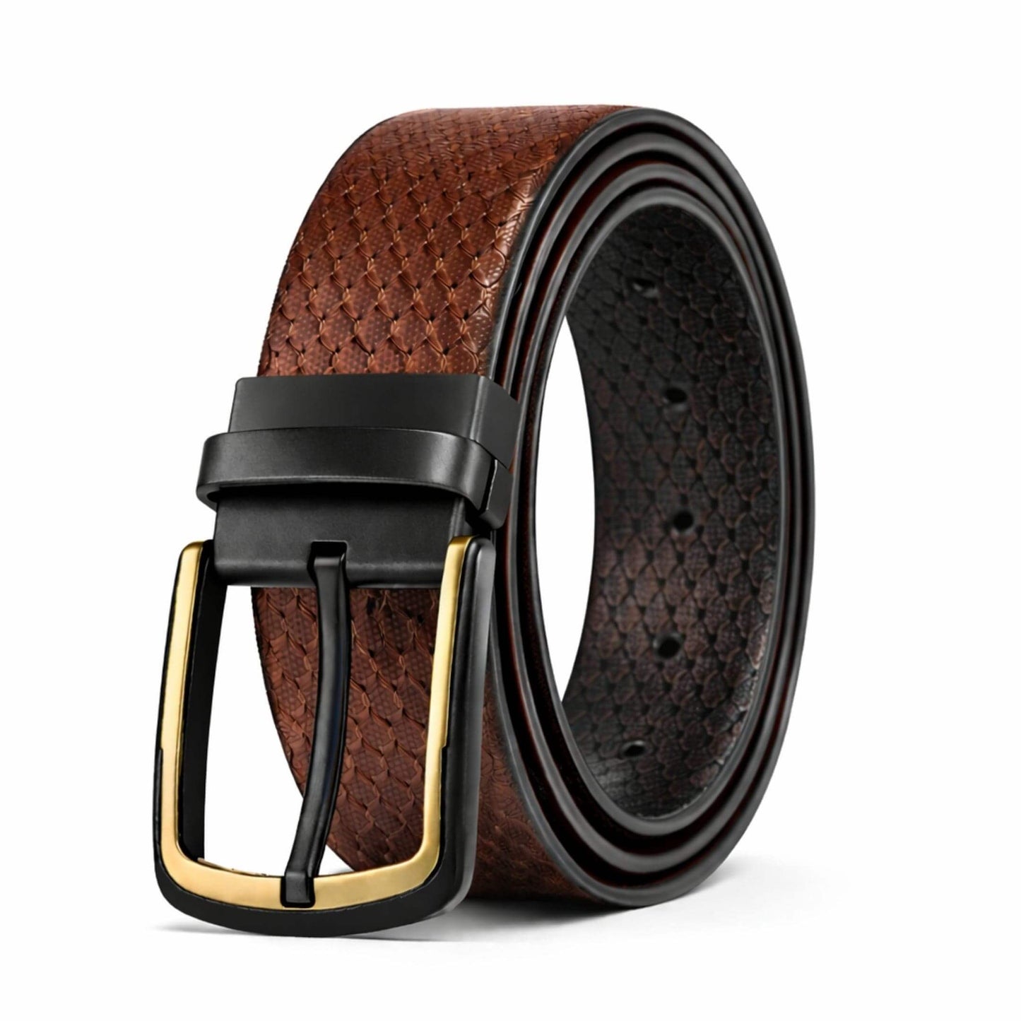 Mens 100% Genuine Leather Belt - WOVENLUX Woven Emboss Gold (Brown & Black Reversible) — Leather Belts for Men | THE MEN THING