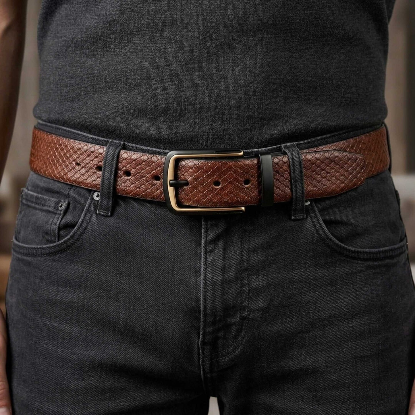 Mens 100% Genuine Leather Belt - WOVENLUX Woven Emboss Gold (Brown & Black Reversible) — Leather Belts for Men | THE MEN THING