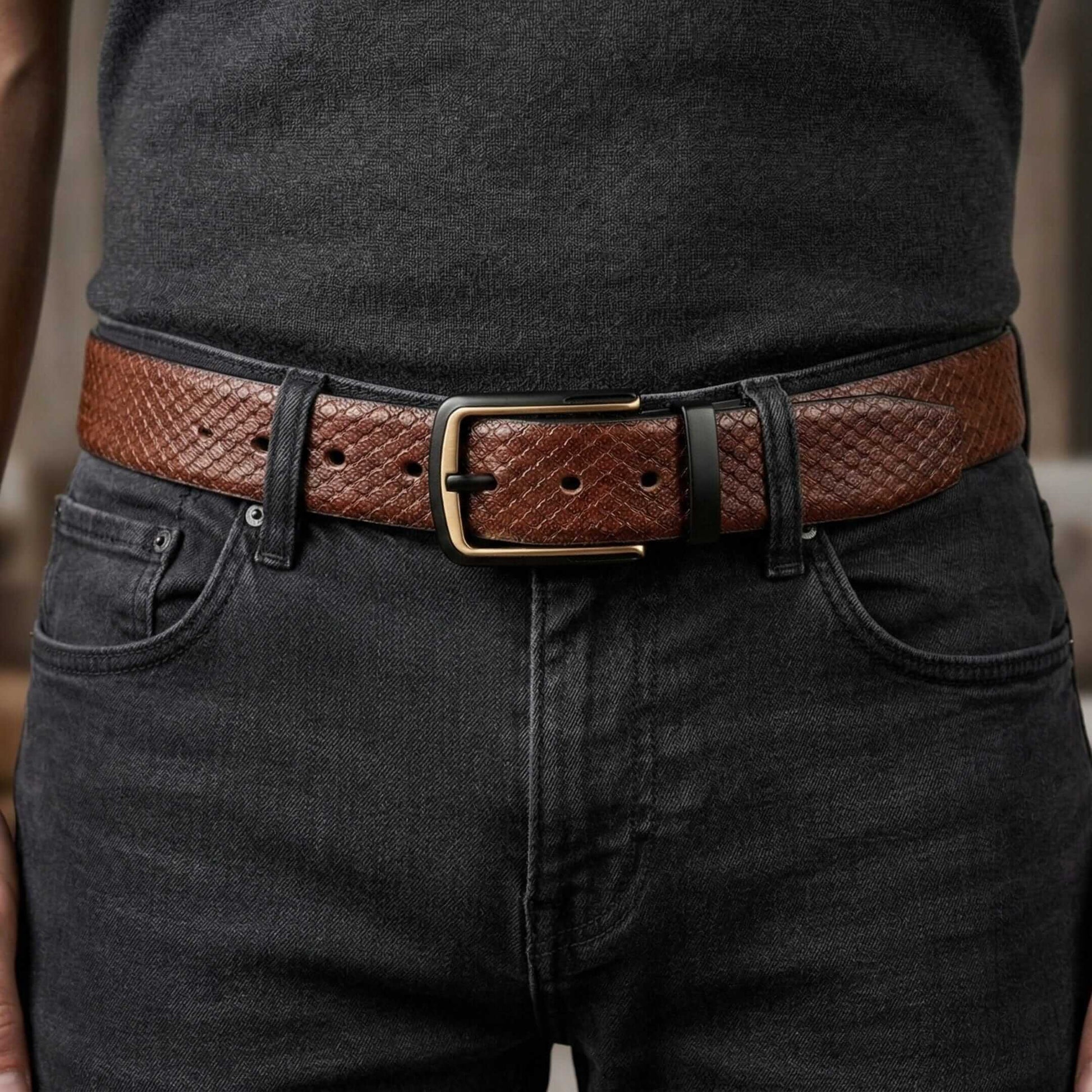 Mens 100% Genuine Leather Belt - WOVENLUX Woven Emboss Gold (Brown & Black Reversible) — Leather Belts for Men | THE MEN THING