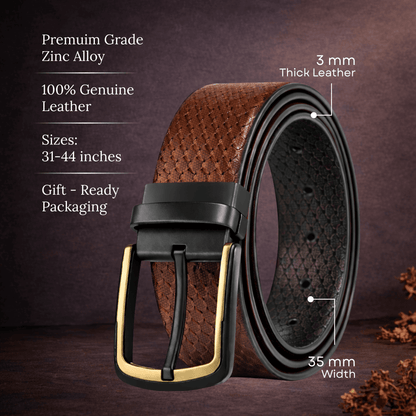 Mens 100% Genuine Leather Belt - WOVENLUX Woven Emboss Gold (Brown & Black Reversible) — Leather Belts for Men | THE MEN THING