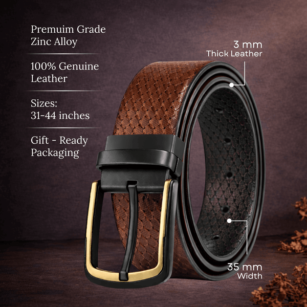 Mens 100% Genuine Leather Belt - WOVENLUX Woven Emboss Gold (Brown & Black Reversible)