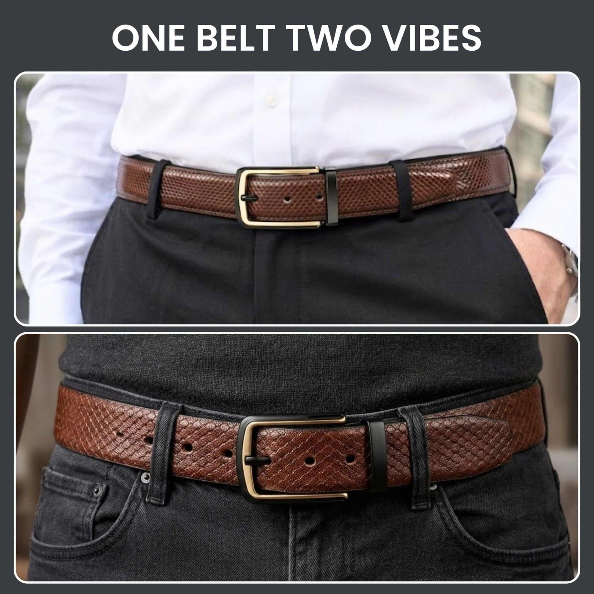 Mens 100% Genuine Leather Belt - WOVENLUX Woven Emboss Gold (Brown & Black Reversible) — Leather Belts for Men | THE MEN THING