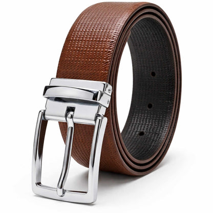 Mens 100% Genuine Leather Belt - ZELVOR Dot Grid Emboss (Brown & Black Reversible) — Leather Belts for Men | THE MEN THING