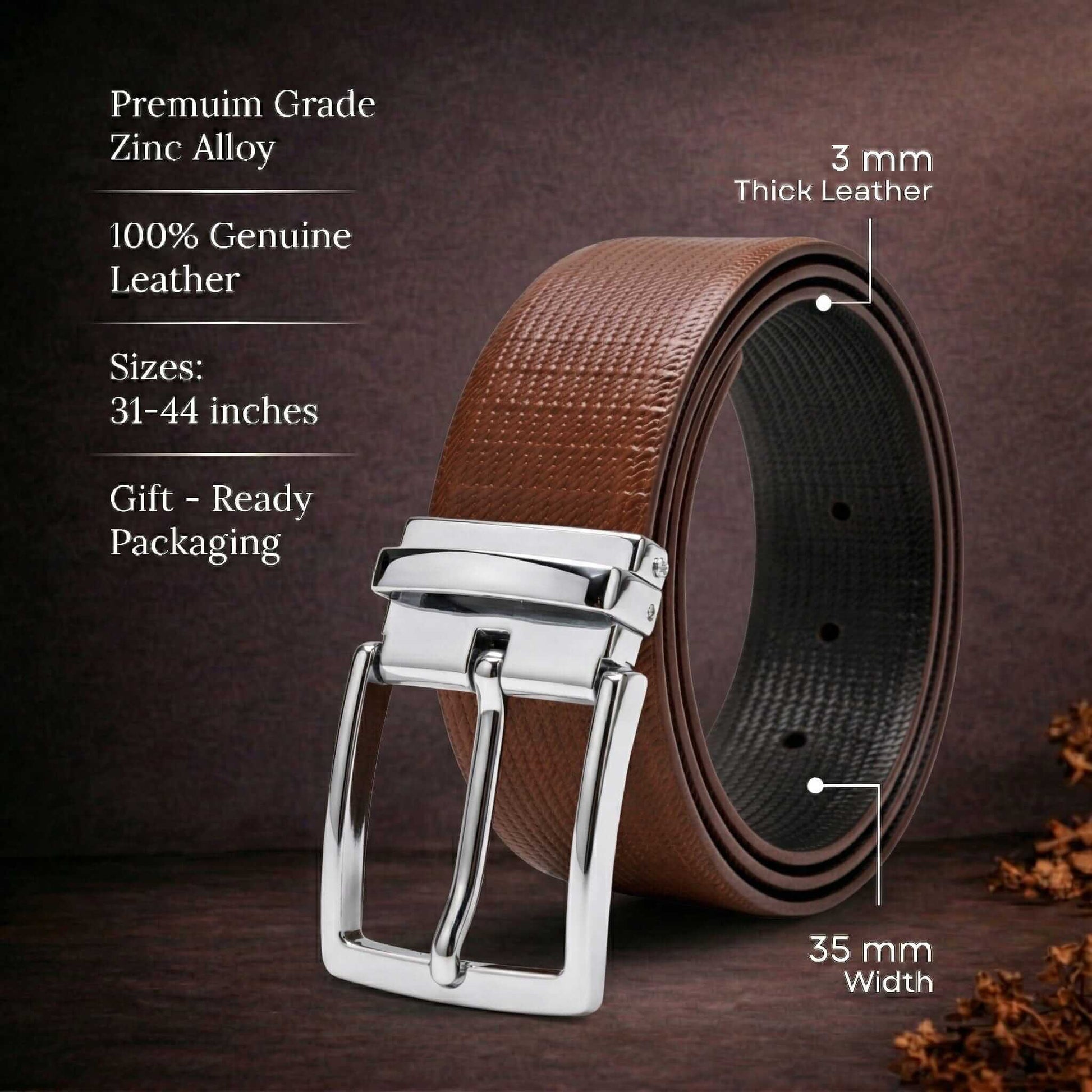 Mens 100% Genuine Leather Belt - ZELVOR Dot Grid Emboss (Brown & Black Reversible) — Leather Belts for Men | THE MEN THING