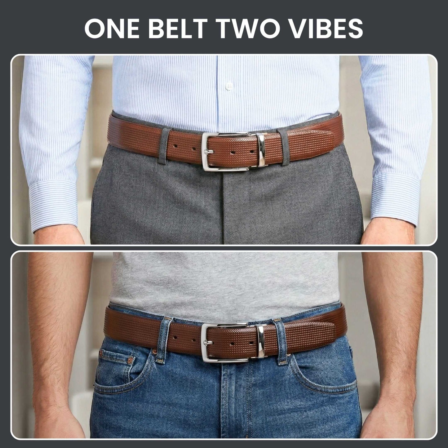 Mens 100% Genuine Leather Belt - ZELVOR Dot Grid Emboss (Brown & Black Reversible) — Leather Belts for Men | THE MEN THING