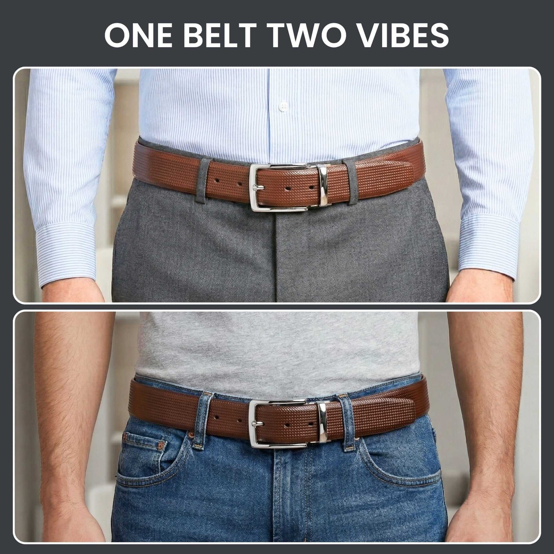 Mens 100% Genuine Leather Belt - ZELVOR Dot Grid Emboss (Brown & Black Reversible) — Leather Belts for Men | THE MEN THING