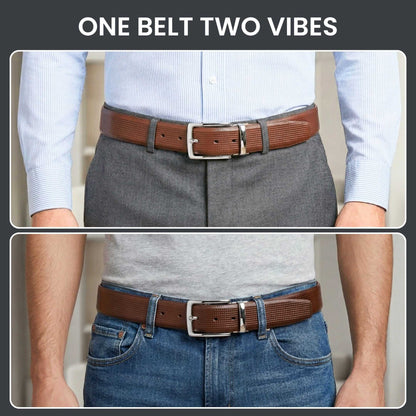 Mens 100% Genuine Leather Belt - ZELVOR Dot Grid Emboss (Brown & Black Reversible) — Leather Belts for Men | THE MEN THING