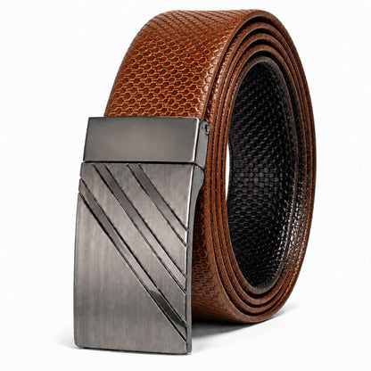 Mens 100% Genuine Leather Belt - ZENTRIX Woven Emboss Plate (Brown & Black Reversible) — Leather Belts for Men | THE MEN THING