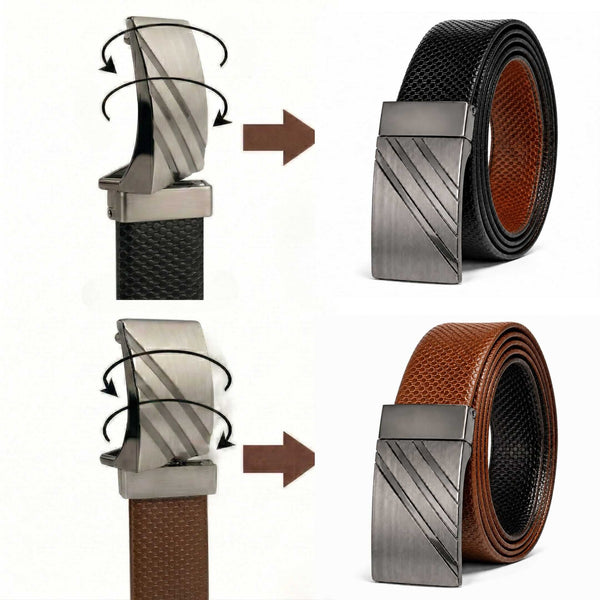Mens 100% Genuine Leather Belt - ZENTRIX Woven Emboss Plate (Brown & Black Reversible)