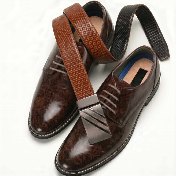 Mens 100% Genuine Leather Belt - ZENTRIX Woven Emboss Plate (Brown & Black Reversible)