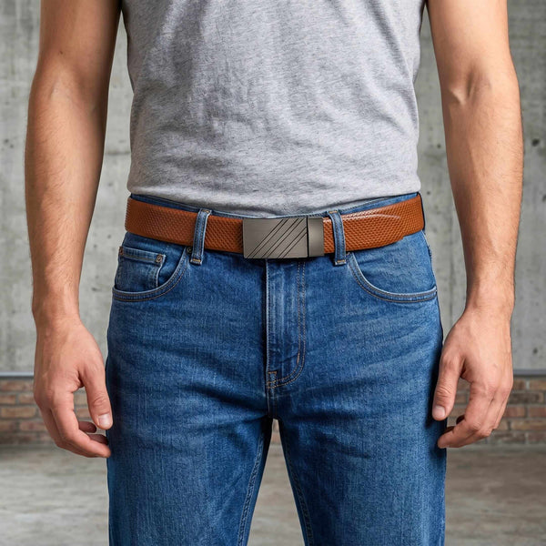 Mens 100% Genuine Leather Belt - ZENTRIX Woven Emboss Plate (Brown & Black Reversible)