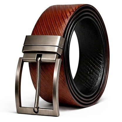 Mens 100% Genuine Leather Belt - ZORANO Diagonal Pinstripe (Brown & Black Reversible) — Leather Belts for Men | THE MEN THING