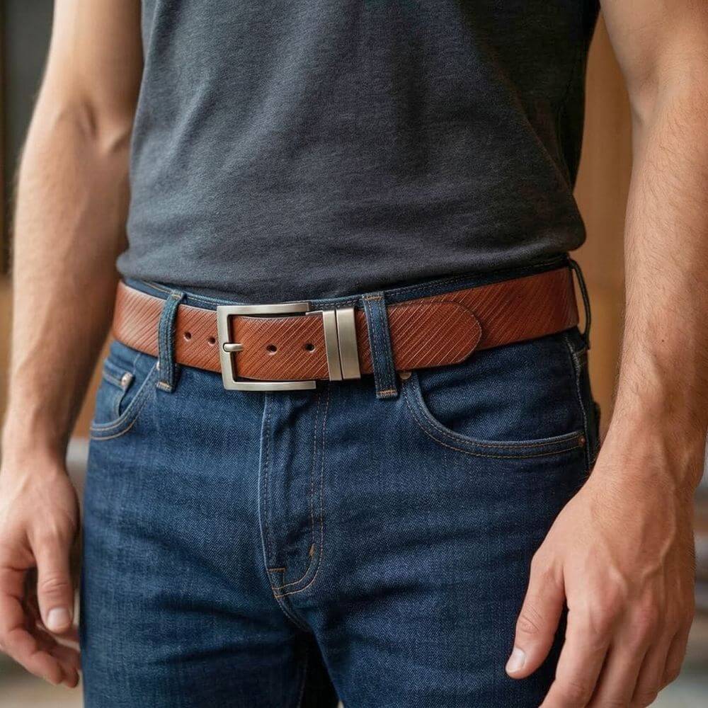 Mens 100% Genuine Leather Belt - ZORANO Diagonal Pinstripe (Brown & Black Reversible) — Leather Belts for Men | THE MEN THING