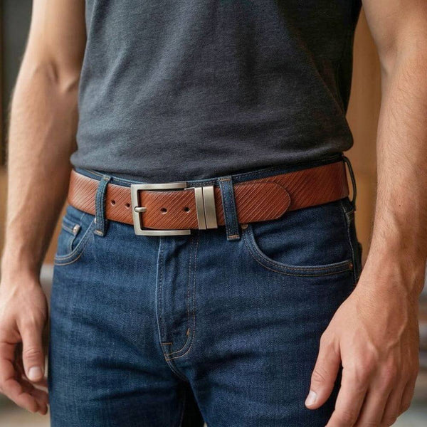 Mens 100% Genuine Leather Belt - ZORANO Diagonal Pinstripe (Brown & Black Reversible)
