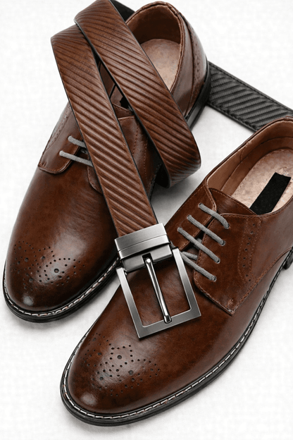 Mens 100% Genuine Leather Belt - ZORANO Diagonal Pinstripe (Brown & Black Reversible) — Leather Belts for Men | THE MEN THING