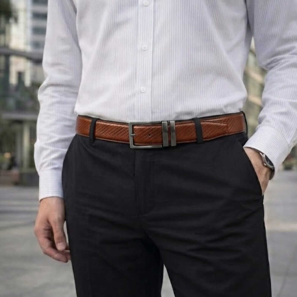 Mens 100% Genuine Leather Belt - ZORANO Diagonal Pinstripe (Brown & Black Reversible) — Leather Belts for Men | THE MEN THING