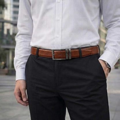 Mens 100% Genuine Leather Belt - ZORANO Diagonal Pinstripe (Brown & Black Reversible) — Leather Belts for Men | THE MEN THING