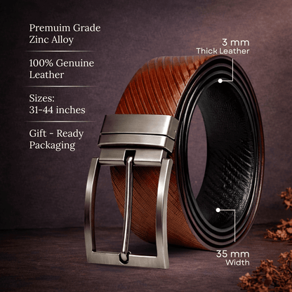 Mens 100% Genuine Leather Belt - ZORANO Diagonal Pinstripe (Brown & Black Reversible) — Leather Belts for Men | THE MEN THING