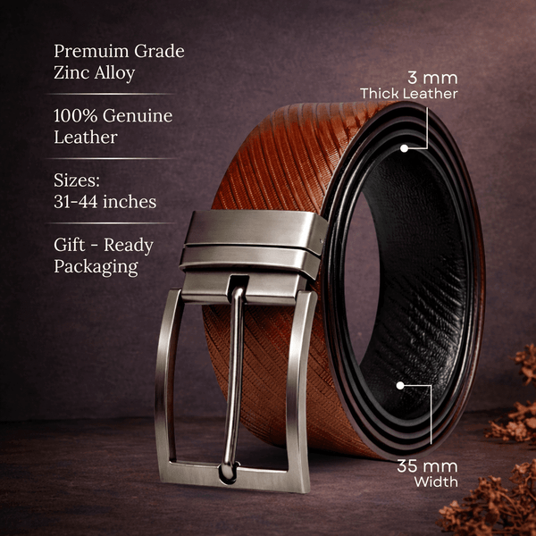 Mens 100% Genuine Leather Belt - ZORANO Diagonal Pinstripe (Brown & Black Reversible)
