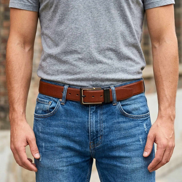 Mens 100% Genuine Leather Belt - ZYNARO Grid Weave Emboss (Brown & Black Reversible)