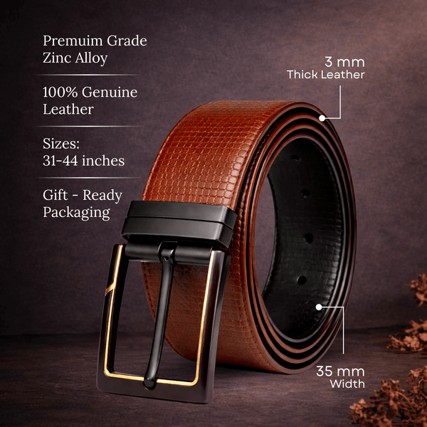 Mens 100% Genuine Leather Belt - ZYNARO Grid Weave Emboss (Brown & Black Reversible)