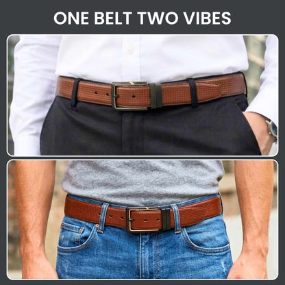 Mens 100% Genuine Leather Belt - ZYNARO Grid Weave Emboss (Brown & Black Reversible) — Leather Belts for Men | THE MEN THING