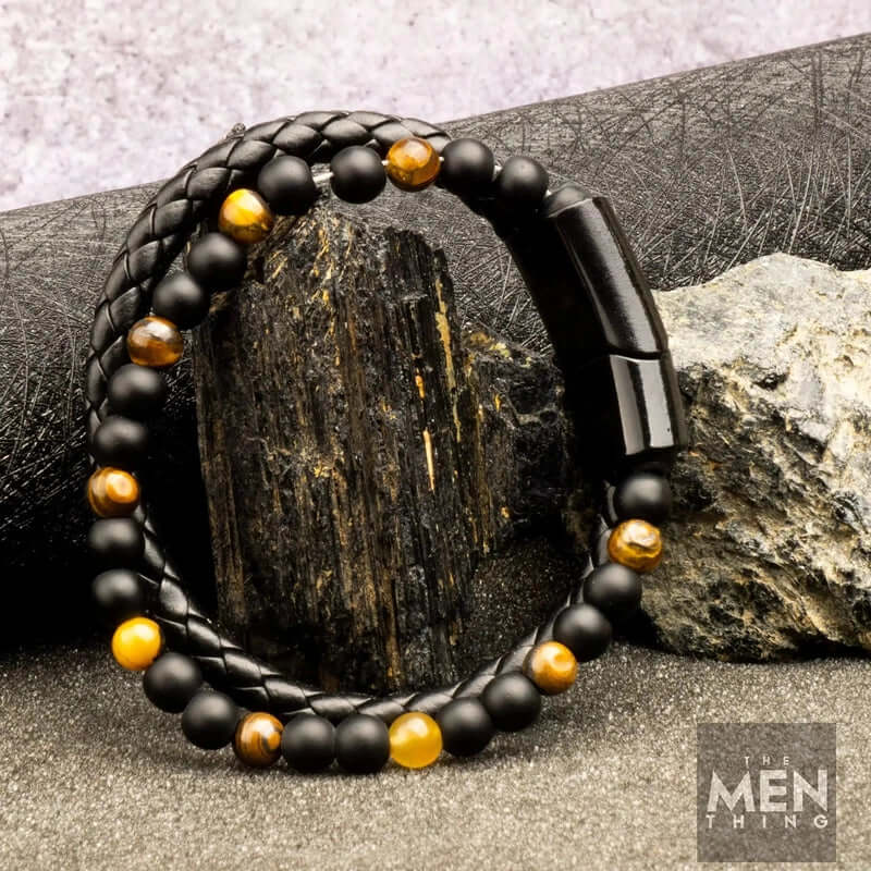 NATURAL TIGER EYE HEALER -   Natural Healing Beads  - Tiger Eye Stone & Black Onyx Leather with Stainless Steel Magnetic Buckle for Men & Boys (7.5inch) - THE MEN THING