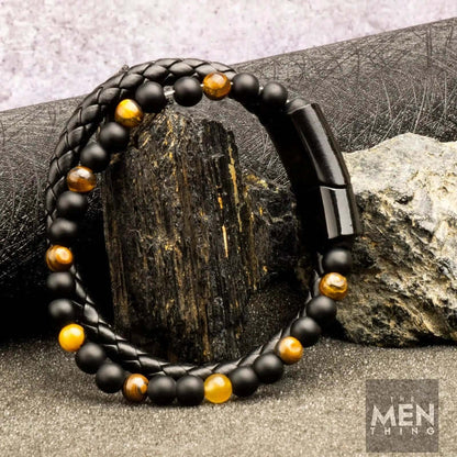 NATURAL TIGER EYE HEALER -   Natural Healing Beads  - Tiger Eye Stone & Black Onyx Leather with Stainless Steel Magnetic Buckle for Men & Boys (7.5inch) - THE MEN THING
