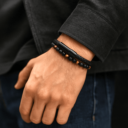 NATURAL TIGER EYE HEALER -   Natural Healing Beads  - Tiger Eye Stone & Black Onyx Leather with Stainless Steel Magnetic Buckle for Men & Boys (7.5inch) - THE MEN THING