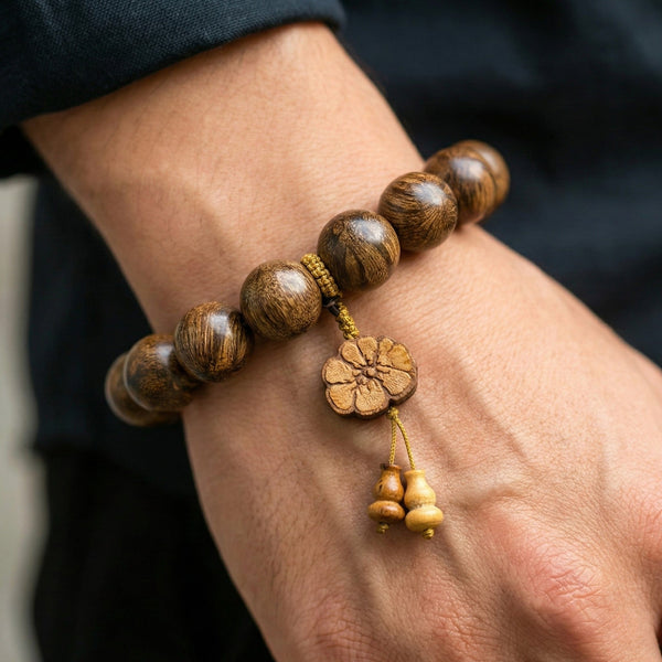 NATURE BOUND - 21mm Wooden Beads Bracelet with Natural Stone - Adjustable Bracelet