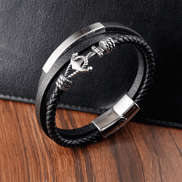 NAUTICAL ANCHOR BLACK - Genuine Leather Multi-Layer Braided Bracelet with Stainless Steel Magnetic Buckle for Men & Boys (8 inch)