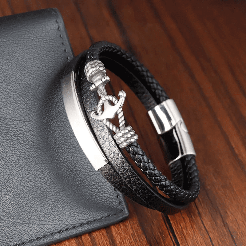 NAUTICAL ANCHOR BLACK - Genuine Leather Multi-Layer Braided Bracelet with Stainless Steel Magnetic Buckle for Men & Boys (8 inch) - THE MEN THING