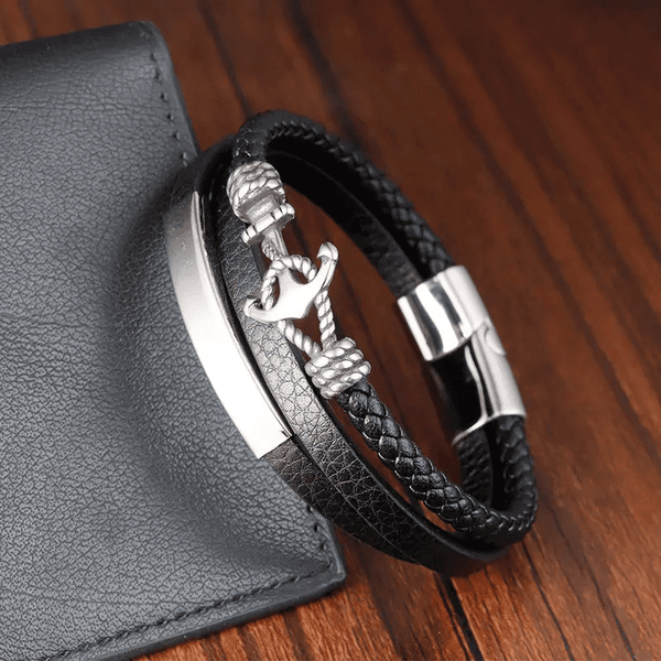 NAUTICAL ANCHOR BLACK - Genuine Leather Multi-Layer Braided Bracelet with Stainless Steel Magnetic Buckle for Men & Boys (8 inch)