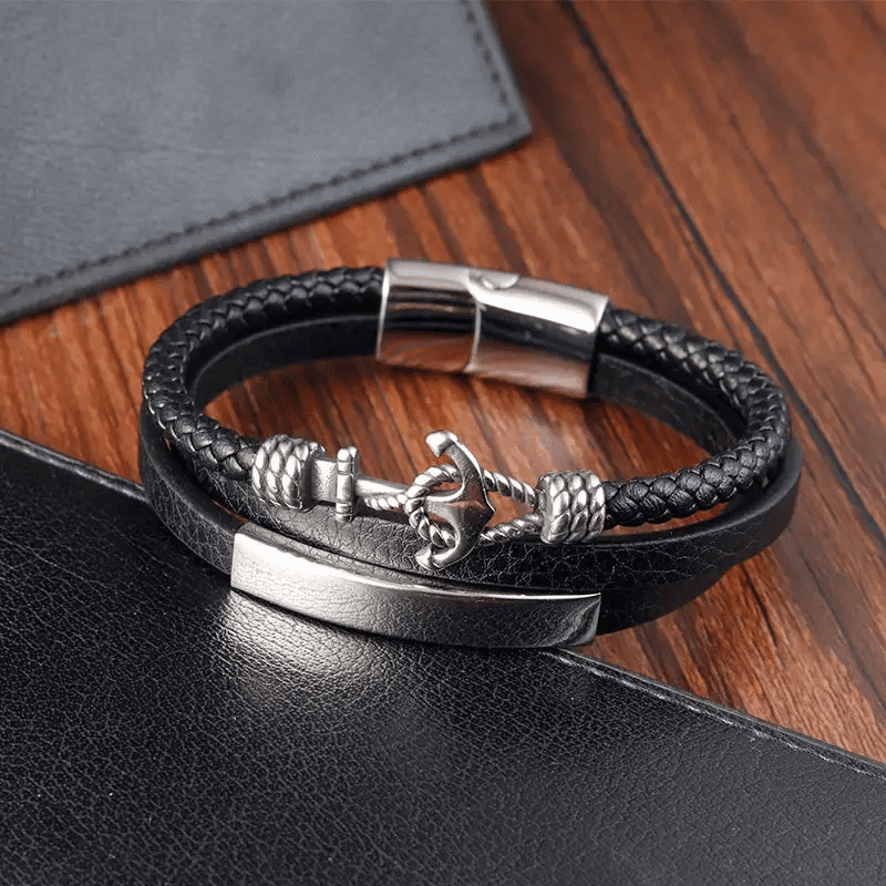 NAUTICAL ANCHOR BLACK - Genuine Leather Multi-Layer Braided Bracelet with Stainless Steel Magnetic Buckle for Men & Boys (8 inch) - THE MEN THING