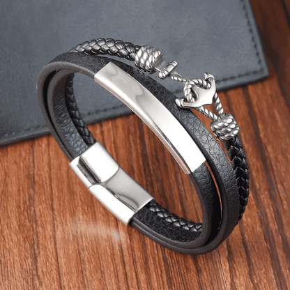 NAUTICAL ANCHOR BLACK - Genuine Leather Multi-Layer Braided Bracelet with Stainless Steel Magnetic Buckle for Men & Boys (8 inch) - THE MEN THING