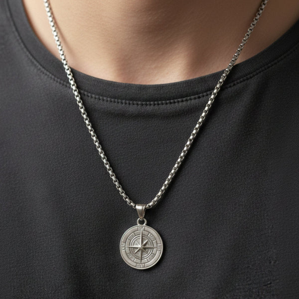 NAVIGATOR (T) - 26mm Pure Titanium Steel  Pendant with 24inch Round Box 5mm Chain for Men & Boys