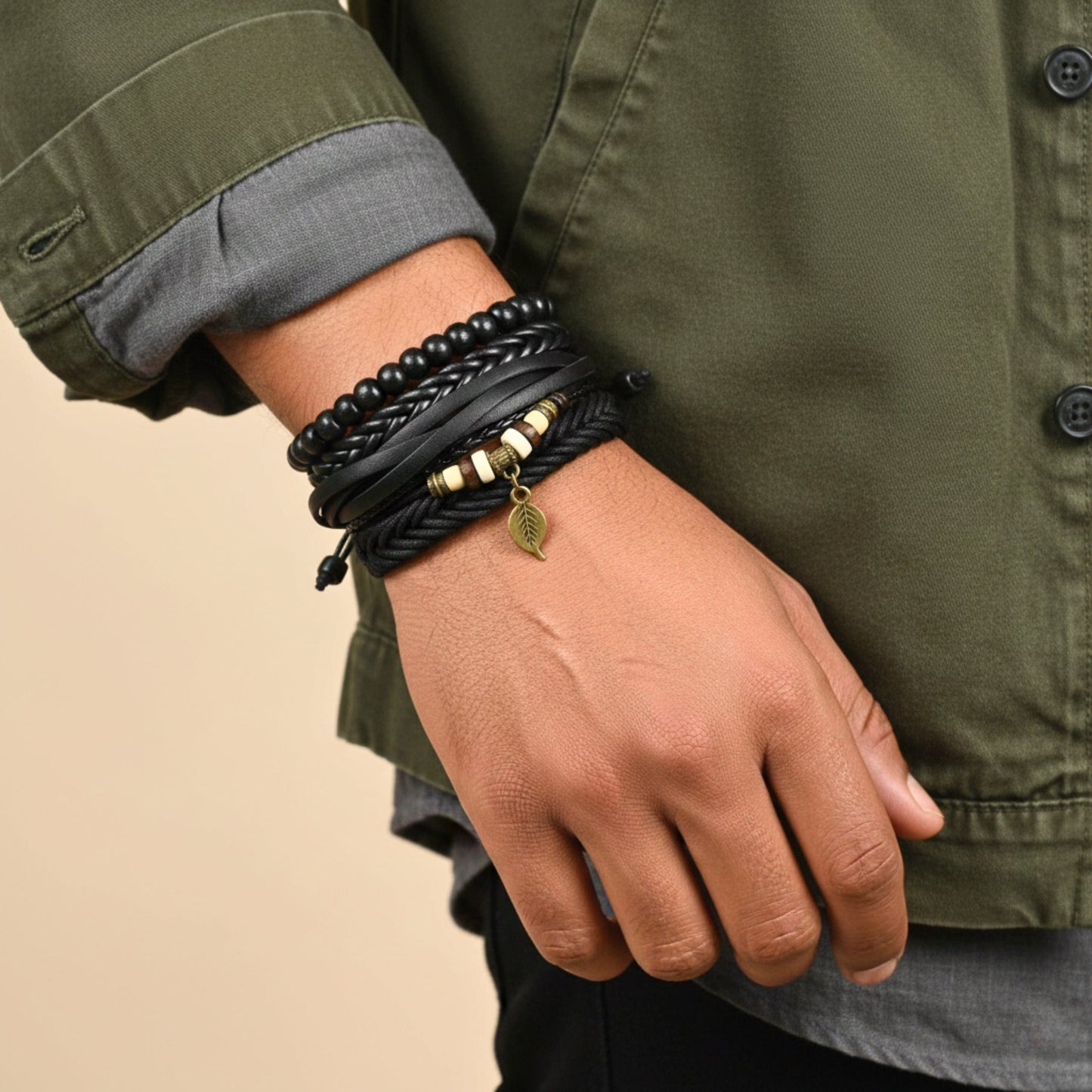 NIGHTWIND LEAF - 4 Pcs Genuine Leather Adjustable Bracelet Set for Men & Boys (8 inch) - THE MEN THING