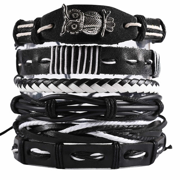 NOCTOWL - 6 Pcs Genuine Leather Adjustable Bracelet for Men & Boys